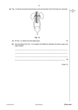 3
© UCLES 2010 0610/21/M/J/10 [Turn over
For
Examiner's
Use
(c) Fig. 1.2 shows structures that produce urine and excrete it from the body of a mammal.
Fig. 1.2
(i) On Fig. 1.2, label and name one organ. [1]
(ii) Use examples from Fig. 1.2 to explain the difference between the terms organ and
organ system.
[3]
[Total 11]
 