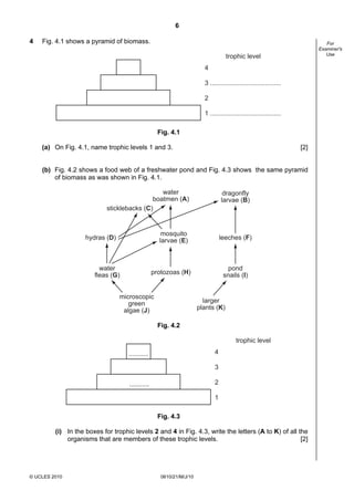 6
© UCLES 2010 0610/21/M/J/10
For
Examiner's
Use
4 Fig. 4.1 shows a pyramid of biomass.
4
3 .......................................
2
1 .......................................
trophic level
Fig. 4.1
(a) On Fig. 4.1, name trophic levels 1 and 3. [2]
(b) Fig. 4.2 shows a food web of a freshwater pond and Fig. 4.3 shows the same pyramid
of biomass as was shown in Fig. 4.1.
microscopic
green
algae (J)
water
fleas (G) protozoas (H)
larger
plants (K)
pond
snails (I)
hydras (D)
mosquito
larvae (E) leeches (F)
sticklebacks (C)
water
boatmen (A)
dragonfly
larvae (B)
Fig. 4.2
4
3
2
1
trophic level
...........
...........
Fig. 4.3
(i) In the boxes for trophic levels 2 and 4 in Fig. 4.3, write the letters (A to K) of all the
organisms that are members of these trophic levels. [2]
 