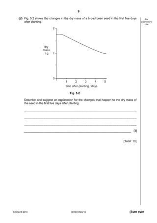 9
© UCLES 2010 0610/21/M/J/10 [Turn over
For
Examiner's
Use
(d) Fig. 5.2 shows the changes in the dry mass of a broad been seed in the first five days
after planting.
2
1
0
time after planting / days
dry
mass
/ g
1 2 3 4 5
Fig. 5.2
Describe and suggest an explanation for the changes that happen to the dry mass of
the seed in the first five days after planting.
[3]
[Total: 10]
 