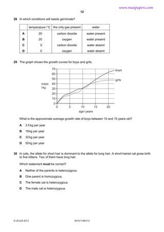 www.maxpapers.com
12
28 In which conditions will seeds germinate?
temperature / °C the only gas present

water

A

20

carbon dioxide

water present

B

20

oxygen

water present

C

0

carbon dioxide

water absent

D

0

oxygen

water absent

29 The graph shows the growth curves for boys and girls.

70

boys

60
50
mass
/ kg

girls

40
30
20
10
0
0

5

10

15

20

age / years
What is the approximate average growth rate of boys between 10 and 15 years old?
A

3.5 kg per year

B

18 kg per year

C

32 kg per year

D

50 kg per year

30 In cats, the allele for short hair is dominant to the allele for long hair. A short-haired cat gives birth
to five kittens. Two of them have long hair.
Which statement must be correct?
A

Neither of the parents is heterozygous.

B

One parent is homozygous.

C

The female cat is heterozygous.

D

The male cat is heterozygous.

© UCLES 2013

0610/11/M/J/13

 