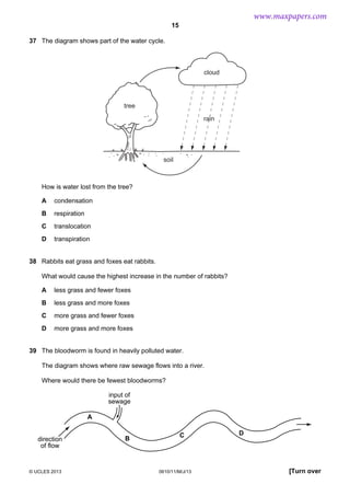 www.maxpapers.com
15
37 The diagram shows part of the water cycle.

cloud

tree
rain

soil

How is water lost from the tree?
A

condensation

B

respiration

C

translocation

D

transpiration

38 Rabbits eat grass and foxes eat rabbits.
What would cause the highest increase in the number of rabbits?
A

less grass and fewer foxes

B

less grass and more foxes

C

more grass and fewer foxes

D

more grass and more foxes

39 The bloodworm is found in heavily polluted water.
The diagram shows where raw sewage flows into a river.
Where would there be fewest bloodworms?
input of
sewage
A
direction
of flow

© UCLES 2013

B

C

0610/11/M/J/13

D

[Turn over

 