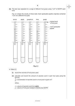 6
0610/6/O/N/02
For
Examiner’s
Use
(b) The test was repeated on a range of different fruit juices using 1 cm3 of DCPIP each
time.
Fig. 2.1 shows the results of these tests. Each graduated pipette originally contained
1 cm3 of a different fruit juice.
Fig. 2.1
In Table 2.2,
(i) record the volumes of fruit juices used;
(ii) calculate and record the amount of ascorbic acid in each fruit juice using the
formula
= concentration of ascorbic acid in a fruit juice in g per cm3
where,
n = volume of ascorbic acid from (a)(ii);
p = volume of fruit juice needed to decolourise DCPIP.
0
0.1
0.2
0.3
0.4
0.5
0.6
0.7
0.8
0.9
lemon
0
0.1
0.2
0.3
0.4
0.5
0.6
0.7
0.8
0.9
apple
0
0.1
0.2
0.3
0.4
0.5
0.6
0.7
0.8
0.9
grapefruit
0
0.1
0.2
0.3
0.4
0.5
0.6
0.7
0.8
0.9
lime
0
0.1
0.2
0.3
0.4
0.5
0.6
0.7
0.8
0.9
grape
original level
of fruit juice
1cm3
graduated
pipette
n
p
 