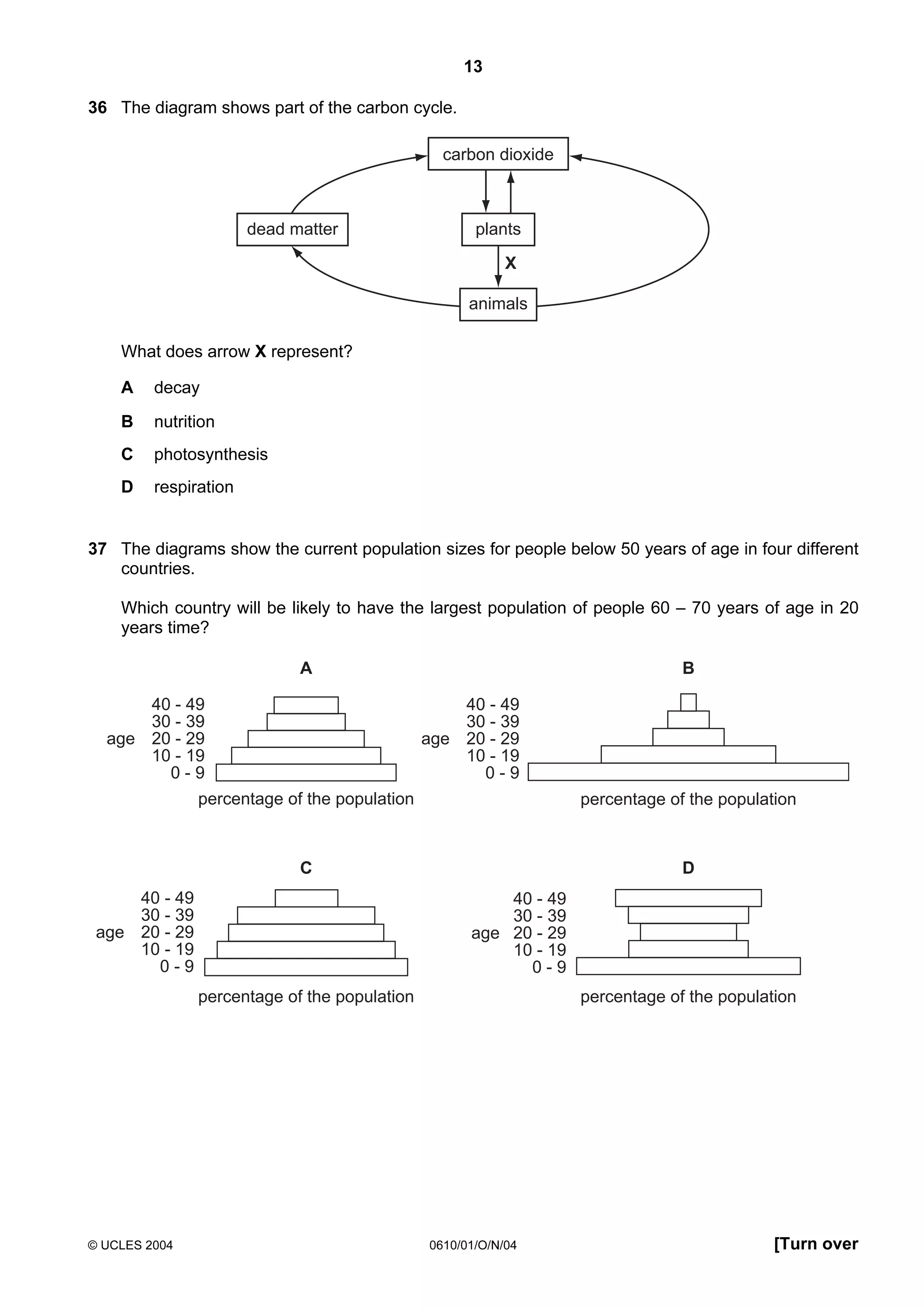 13
36 The diagram shows part of the carbon cycle.
carbon dioxide

dead matter

plants
X
animals

What does arrow X represent?
A

decay

B

nutrition

C

photosynthesis

D

respiration

37 The diagrams show the current population sizes for people below 50 years of age in four different
countries.
Which country will be likely to have the largest population of people 60 – 70 years of age in 20
years time?

A
40 - 49
30 - 39
age 20 - 29
10 - 19
0-9

B
40 - 49
30 - 39
age 20 - 29
10 - 19
0-9

percentage of the population

percentage of the population

C

D

40 - 49
30 - 39
age 20 - 29
10 - 19
0-9

40 - 49
30 - 39
age 20 - 29
10 - 19
0-9
percentage of the population

© UCLES 2004

percentage of the population

0610/01/O/N/04

[Turn over

 