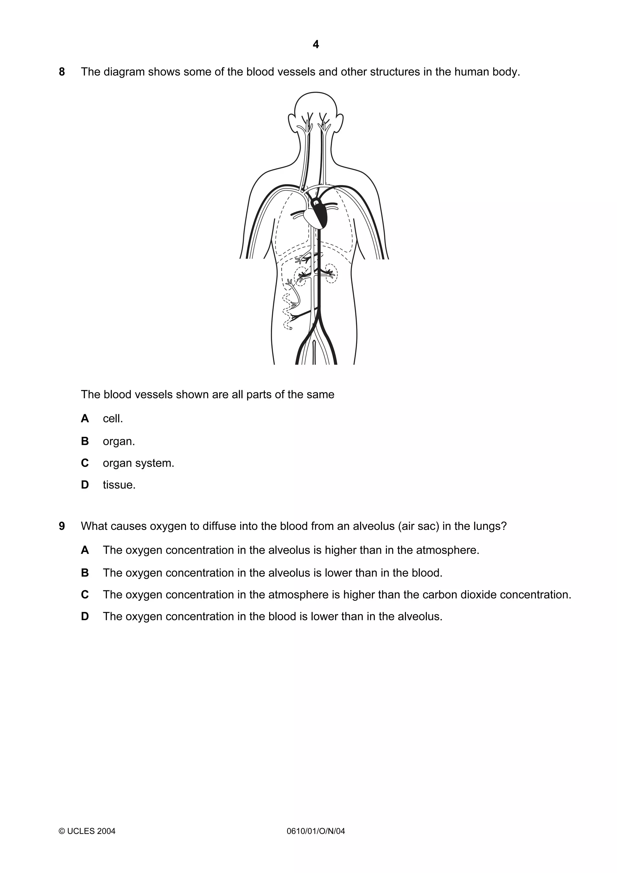 4
8

The diagram shows some of the blood vessels and other structures in the human body.

The blood vessels shown are all parts of the same
A
B

organ.

C

organ system.

D
9

cell.

tissue.

What causes oxygen to diffuse into the blood from an alveolus (air sac) in the lungs?
A

The oxygen concentration in the alveolus is higher than in the atmosphere.

B

The oxygen concentration in the alveolus is lower than in the blood.

C

The oxygen concentration in the atmosphere is higher than the carbon dioxide concentration.

D

The oxygen concentration in the blood is lower than in the alveolus.

© UCLES 2004

0610/01/O/N/04

 