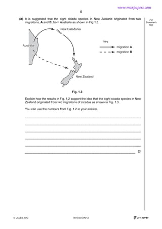 5
© UCLES 2012 0610/33/O/N/12 [Turn over
For
Examiner's
Use
(d) It is suggested that the eight cicada species in New Zealand originated from two
migrations, A and B, from Australia as shown in Fig.1.3.
AustraliaAustralia
New Caledonia
New Zealand
Australia
key
migration A
migration B
Fig. 1.3
Explain how the results in Fig. 1.2 support the idea that the eight cicada species in New
Zealand originated from two migrations of cicadas as shown in Fig. 1.3.
You can use the numbers from Fig. 1.2 in your answer.
[3]
www.maxpapers.com
 