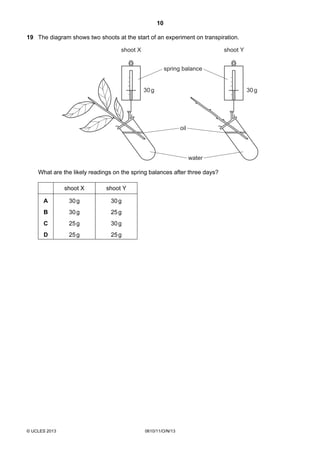 10
© UCLES 2013 0610/11/O/N/13
19 The diagram shows two shoots at the start of an experiment on transpiration.
30g
spring balance
oil
water
shoot X shoot Y
30g
What are the likely readings on the spring balances after three days?
shoot X shoot Y
A 30g 30g
B 30g 25g
C 25g 30g
D 25g 25g
 