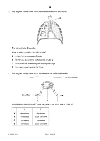 12
© UCLES 2013 0610/11/O/N/13
22 The diagram shows some structures in the human neck and thorax.
Q
The lining of tube Q has cilia.
What is an important function of the cilia?
A to help in the exchange of gases
B to increase the internal surface area of tube Q
C to moisten the air entering and leaving the lungs
D to move mucus towards the throat
23 The diagram shows some blood vessels near the surface of the skin.
skin surface
YX Z
blood flow
If vasoconstriction occurs at X, what happens to the blood flow at Y and Z?
Y Z
A decreases decreases
B decreases stays constant
C increases increases
D increases stays constant
 