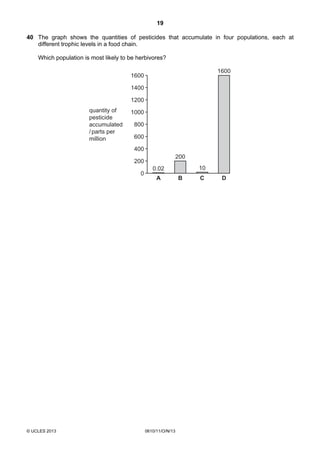 19
© UCLES 2013 0610/11/O/N/13
40 The graph shows the quantities of pesticides that accumulate in four populations, each at
different trophic levels in a food chain.
Which population is most likely to be herbivores?
A B C D
0.02 10
200
1600
1600
1400
1200
1000
800
600
400
200
0
quantity of
pesticide
accumulated
/parts per
million
 