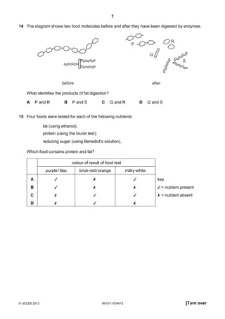 7
© UCLES 2013 0610/11/O/N/13 [Turn over
14 The diagram shows two food molecules before and after they have been digested by enzymes.
P
Q
R
S
afterbefore
What identifies the products of fat digestion?
A P and R B P and S C Q and R D Q and S
15 Four foods were tested for each of the following nutrients:
fat (using ethanol);
protein (using the biuret test);
reducing sugar (using Benedict’s solution),
Which food contains protein and fat?
colour of result of food test
purple/lilac brick-red/orange milky-white
A    key
B    = nutrient present
C    = nutrient absent
D   
 