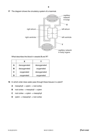 9
© UCLES 2013 0610/11/O/N/13 [Turn over
17 The diagram shows the circulatory system of a mammal.
capillary
network
in lungs
capillary network
in body organs
left atrium
left ventricle
right atrium
right ventricle
Y
X
What describes the blood in vessels X and Y?
X Y
A deoxygenated deoxygenated
B deoxygenated oxygenated
C oxygenated deoxygenated
D oxygenated oxygenated
18 In which order does water pass through these tissues in a plant?
A mesophyll → xylem → root cortex
B root cortex → mesophyll → xylem
C root cortex → xylem → mesophyll
D xylem → mesophyll → root cortex
 
