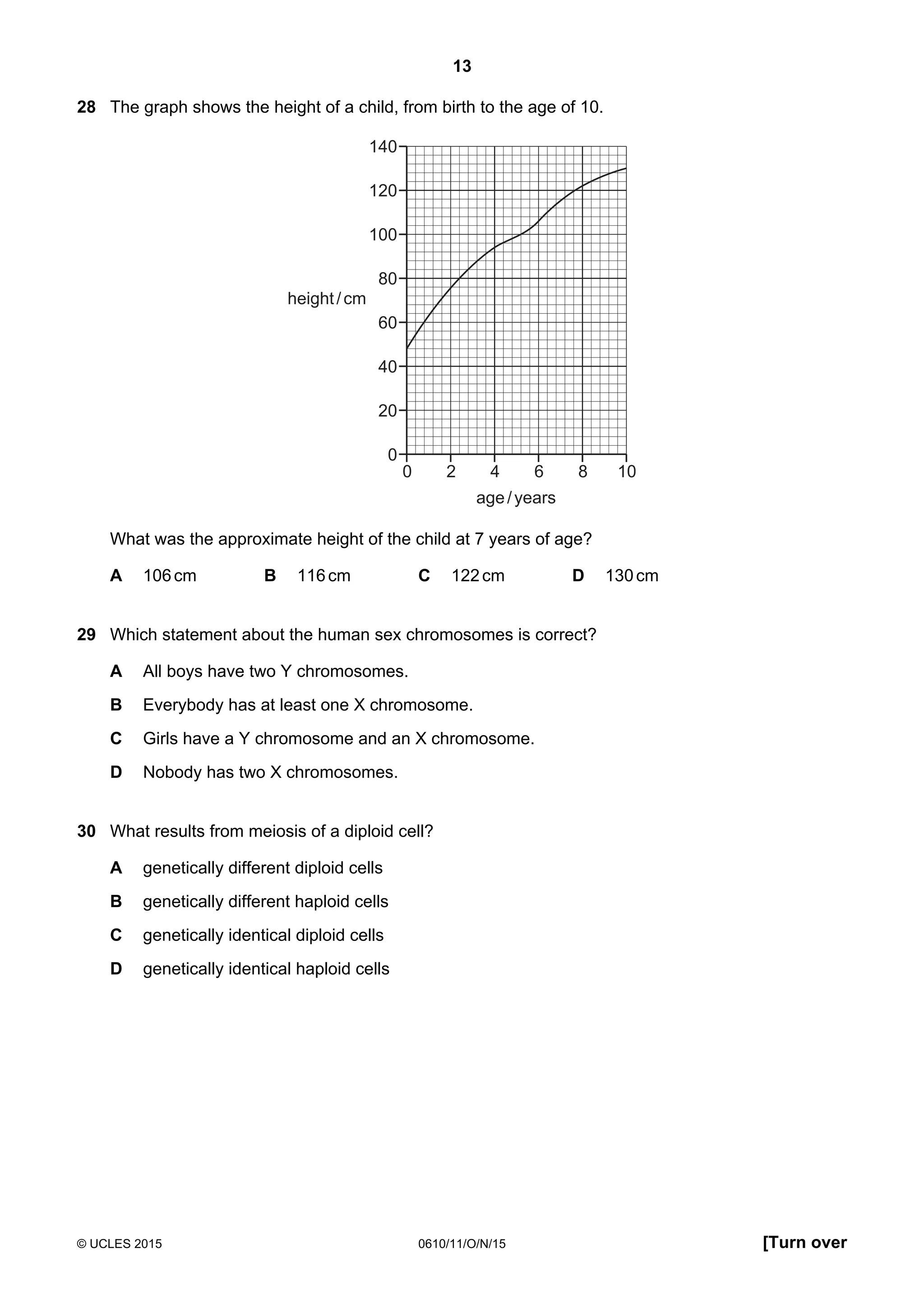 13
© UCLES 2015 0610/11/O/N/15 [Turn over
28 The graph shows the height of a child, from birth to the age of 10.
0 2 4 6 8 10
140
120
100
80
60
40
20
0
age/years
height/cm
What was the approximate height of the child at 7 years of age?
A 106cm B 116cm C 122cm D 130cm
29 Which statement about the human sex chromosomes is correct?
A All boys have two Y chromosomes.
B Everybody has at least one X chromosome.
C Girls have a Y chromosome and an X chromosome.
D Nobody has two X chromosomes.
30 What results from meiosis of a diploid cell?
A genetically different diploid cells
B genetically different haploid cells
C genetically identical diploid cells
D genetically identical haploid cells
 