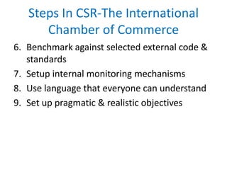 Steps In CSR-The International
Chamber of Commerce
6. Benchmark against selected external code &
standards
7. Setup internal monitoring mechanisms
8. Use language that everyone can understand
9. Set up pragmatic & realistic objectives
 