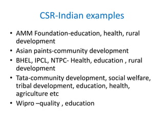 CSR-Indian examples
• AMM Foundation-education, health, rural
development
• Asian paints-community development
• BHEL, IPCL, NTPC- Health, education , rural
development
• Tata-community development, social welfare,
tribal development, education, health,
agriculture etc
• Wipro –quality , education
 