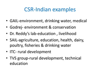 CSR-Indian examples
• GAIL-environment, drinking water, medical
• Godrej- environment & conservation
• Dr. Reddy’s lab-education , livelihood
• SAIL-agriculture, education, health, dairy,
poultry, fisheries & drinking water
• ITC- rural development
• TVS group-rural development, technical
education
 