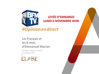 #Opinion.en.direct
Les Français et
les 6 mois
d’Emmanuel Macron
Sondage ELABE pour BFMTV
6 novembre 2017
LEVÉE D’EMBARGO
L...