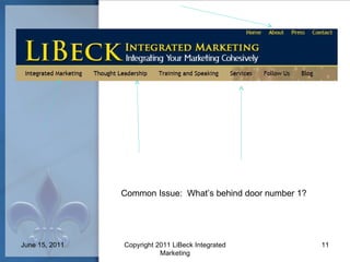 Common Issue:  What’s behind door number 1? June 15, 2011 Copyright 2011 LiBeck Integrated Marketing 