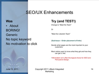 SEO/UX Enhancements Was About BORING! Generic No topic keyword No motivation to click Try (and TEST!) Change to “Meet the Team” Or “ Meet the Libeckim Team” ( Sub-Issue – Order placement of links ) Decide what pages are the most important to your customers.  Most visitors want to know what they get and how they can get it, first. !  Minimalism isn’t often the logical choice for SEO and Persuasive Design . June 15, 2011 Copyright 2011 LiBeck Integrated Marketing 