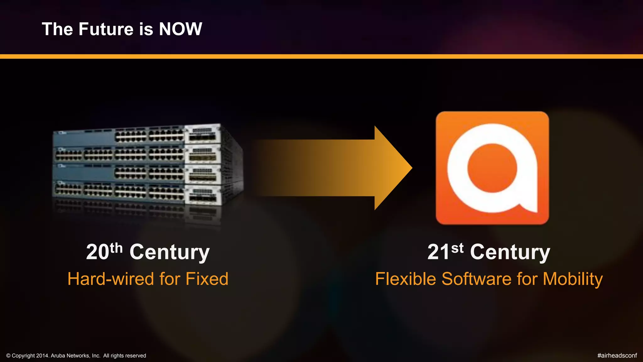 © Copyright 2014. Aruba Networks, Inc. All rights reserved #airheadsconf
The Future is NOW
21st Century
Flexible Software for Mobility
20th Century
Hard-wired for Fixed
 