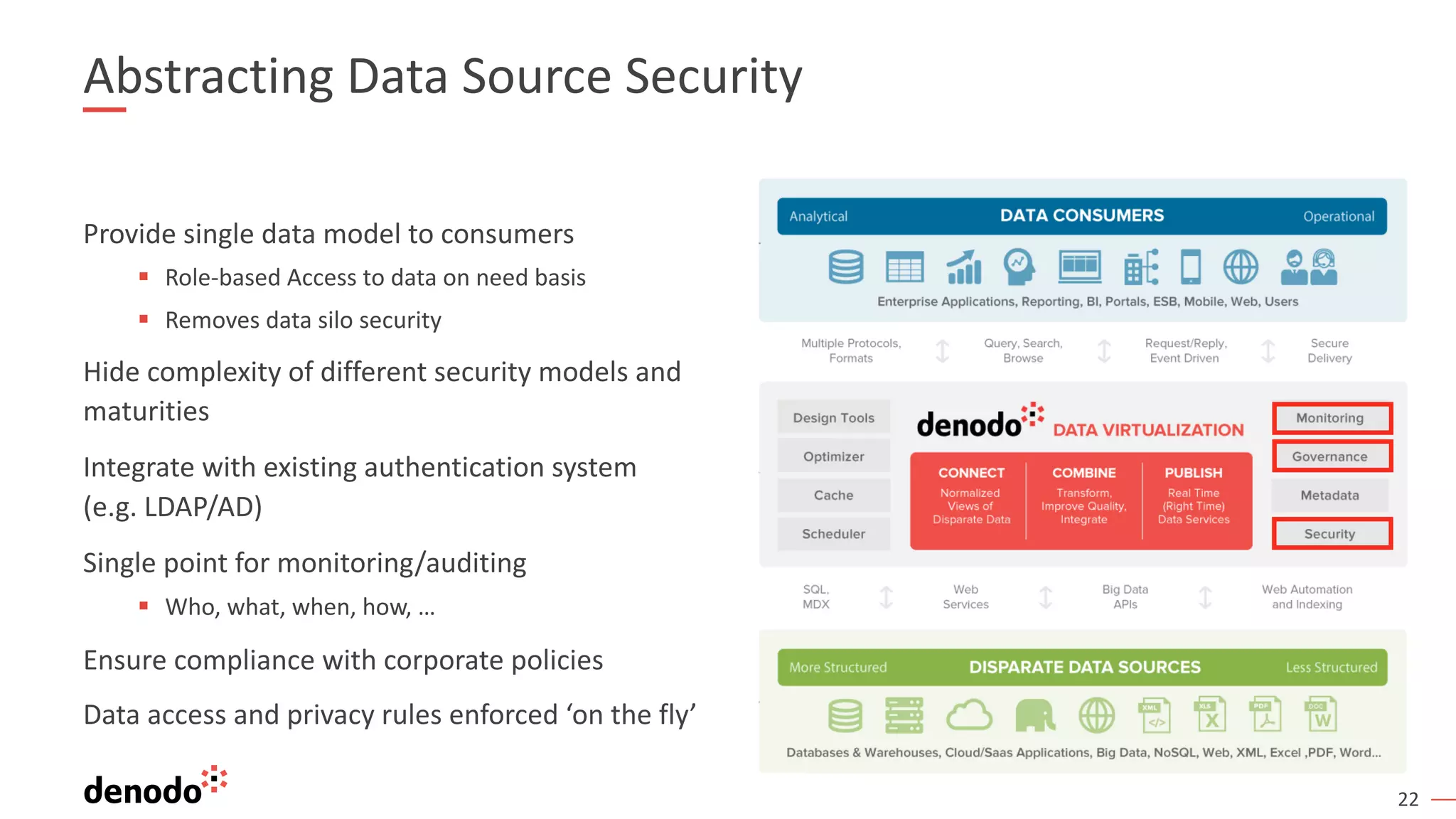 22
Abstracting Data Source Security
Provide single data model to consumers
§ Role-based Access to data on need basis
§ Removes data silo security
Hide complexity of different security models and
maturities
Integrate with existing authentication system
(e.g. LDAP/AD)
Single point for monitoring/auditing
§ Who, what, when, how, …
Ensure compliance with corporate policies
Data access and privacy rules enforced ‘on the fly’
 