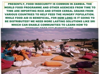 PRESENTLY, FOOD INSECURITY IS COMMON IN ZAMBIA. THE WORLD FOOD PROGRAMME AND OTHER AGENCIES FROM TIME TO TIME ARE IMPORTIN...