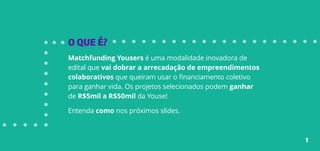 O QUE É?
Matchfunding Yousers é uma modalidade inovadora de
edital que vai dobrar a arrecadação de empreendimentos
colaborativos que queiram usar o financiamento coletivo
para ganhar vida. Os projetos selecionados podem ganhar
de R$5mil a R$50mil da Youse!
Entenda como nos próximos slides.
1
 