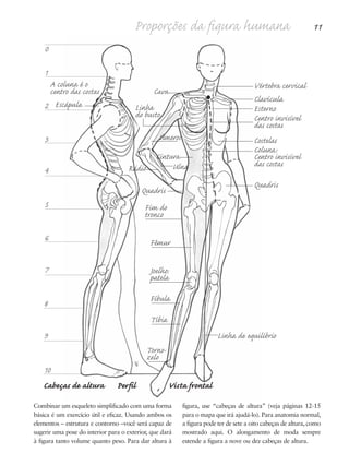 Proporções da figura humana 11
Fim do
tronco
Fêmur
Joelho:
patela
Fíbula
Tíbia
Combinar um esqueleto simplificado com uma forma
básica é um exercício útil e eficaz. Usando ambos os
elementos – estrutura e contorno –você será capaz de
sugerir uma pose do interior para o exterior, que dará
à figura tanto volume quanto peso. Para dar altura à
figura, use “cabeças de altura” (veja páginas 12-15
para o mapa que irá ajudá-lo). Para anatomia normal,
a figura pode ter de sete a oito cabeças de altura, como
mostrado aqui. O alongamento de moda sempre
estende a figura a nove ou dez cabeças de altura.
10
Cabeças de altura Perfil Vista frontal
6
5
1
0
2
4
7
9
8
3
Vértebra cervical
Clavícula
Esterno
Centro invisível
das costas
Costelas
Coluna:
Centro invisível
das costas
Quadris
Cava
Cintura
Rádio Ulna
Linha
do busto
A coluna é o
centro das costas
Escápula
Úmeros
Linha de equilíbrio
Quadris
Torno-
zelo
5eChap1.qxd:4eChap. 01v4 11/08/11 13:31 Page 11
 