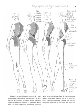Proporções da figura humana 39
Poses de costas podem ser dramáticas. Se a pose
for usada para evidenciar o drama de um traje, ves-
tido, ou traje de gala, mantenha a pose posterior
simples para focar os detalhes da vestimenta. Essas
poses são muito simples até se tornarem quase de
perfil, mostrando tanto o lado do corpo quanto as
costas. Essas poses são mais difíceis de vestir por
causa das costuras laterais, a menos que seja para
esse ponto que o foco do traje tenha sido deslocado.
Para poses de
perfil, a
linha de
equilíbrio
pode começar
na orelha
Eixo
posterior
Escápula
Curva das
nádegas
Parte
posterior do
joelho
A linha de
equilíbrio
começa na
orelha e
termina no
chão ou
no pé
Eixo
osterior
segue a
coluna
no torso
posterior
5eChap1.qxd:4eChap. 01v4 11/08/11 13:32 Page 39
 
