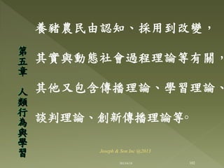 養豬農民由認知、採用到改變，
其實與動態社會過程理論等有關，
其他又包含傳播理論、學習理論、
談判理論、創新傳播理論等◦
第
五
章
人
類
行
為
與
學
習
102
Joseph & Son Inc @2013
2013/6/18
 