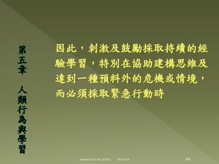 因此，刺激及鼓勵採取持續的經
驗學習，特別在協助建構思維及
達到一種預料外的危機或情境，
而必頇採取緊急行動時
第
五
章
人
類
行
為
與
學
習
106Joseph & Son Inc @2013 2013/6/18
 
