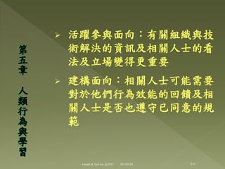  活躍參與面向：有關組織與技
術解決的資訊及相關人士的看
法及立場變得更重要
 建構面向：相關人士可能需要
對於他們行為效能的回饋及相
關人士是否也遵守已同意的規
範
第
五
章
人
類
行
為
與
學
習
111Joseph & Son Inc @2013 2013/6/18
 
