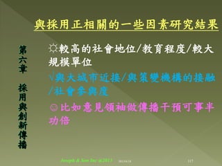 與採用正相關的一些因素研究結果
☼較高的社會地位/教育程度/較大
規模單位
√與大城市近接/與策變機構的接融
/社會參與度
☺比如意見領袖做傳播干預可事半
功倍
第
六
章
採
用
與
創
新
傳
播
117Joseph & Son Inc @2013 2013/6/18
 