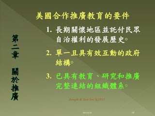 美國合作推廣教育的要件
1. 長期關懷地區並託付民眾
自治權利的發展歷史◦
2. 單一且具有效互動的政府
結構◦
3. 已具有教育、研究和推廣
完整連結的組織體系◦
第
二
章
關
於
推
廣
14
Joseph & Son Inc @2013
2013/6/18
 