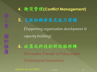 4. 衝突管理(Conflict Management)
5. 支援組織發展及能力建構
(Supporting organization development &
capacity building)
6. 政策或科技創新說服移轉
(Persuasive Transfer of Policy and/or
Technological Innovation)
第
二
章
關
於
推
廣
22Joseph & Son Inc @2013 2013/6/18
 