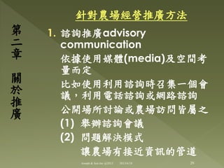 針對農場經營推廣方法
1. 諮詢推廣advisory
communication
依據使用媒體(media)及空間考
量而定
比如使用利用諮詢時召集一個會
議，利用電話諮詢或網路諮詢
公開場所討論或農場訪問皆屬之
(1) 舉辦諮詢會議
(2) 問題解決模式
讓農場有接近資訊的管道
第
二
章
關
於
推
廣
29Joseph & Son Inc @2013 2013/6/18
 