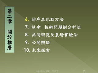 6. 排序及記點方法
7. 社會─技術問題樹分析法
8. 共同研究及農場實驗法
9. 公開辯論
10. 未來探索
第
二
章
關
於
推
廣
34Joseph & Son Inc @2013 2013/6/18
 