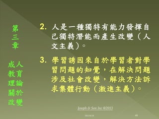 2. 人是一種獨特有能力發揮自
己獨特潛能而產生改變（人
文主義）◦
3. 學習誘因來自於學習者對學
習問題的知覺，在解決問題
涉及社會改變，解決方法訴
求集體行動（激進主義）◦
第
三
章
成人
教育
理論
關於
改變
49
Joseph & Son Inc @2013
2013/6/18
 