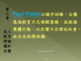 Paul Freire以識字訓練，企圖
透過教育方式喚醒意識，並經過
集體行動，以改變不合理的社會、
政治及經濟結構◦
第
三
章
成人
教育
理論
關於
改變
52
Joseph & Son Inc @2013
2013/6/18
 
