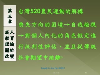 台灣520農民運動的解構
喪失方向的困境→自我檢視
→對個人內化的角色假定進
行批判性評估，並且從傳統
社會期望中疏離◦
第
三
章
成人
教育
理論
關於
改變
56
Joseph & Son Inc @2013
2013/6/18
 