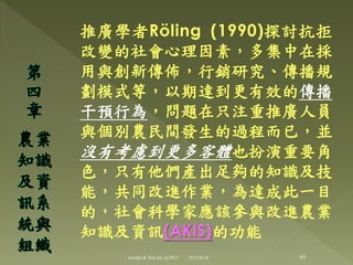 推廣學者Röling (1990)探討抗拒
改變的社會心理因素，多集中在採
用與創新傳佈，行銷研究、傳播規
劃模式等，以期達到更有效的傳播
干預行為，問題在只注重推廣人員
與個別農民間發生的過程而已，並
沒有考慮到更多客體也扮演重要角
色，只有他們產出足夠的知識及技
能，共同改進作業，為達成此一目
的，社會科學家應該參與改進農業
知識及資訊(AKIS)的功能
第
四
章
農業
知識
及資
訊系
統與
組織
65Joseph & Son Inc @2013 2013/6/18
 