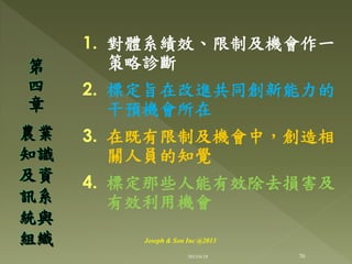1. 對體系績效、限制及機會作一
策略診斷
2. 標定旨在改進共同創新能力的
干預機會所在
3. 在既有限制及機會中，創造相
關人員的知覺
4. 標定那些人能有效除去損害及
有效利用機會
第
四
章
農業
知識
及資
訊系
統與
組織
70
Joseph & Son Inc @2013
2013/6/18
 