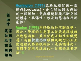 Harrington (1991)認為組織就像一個
過程(process)，是在開放體系理論
的一個認知，是與環境持續不斷交換
的體系，具彈性，涉及動態過程及混
亂性◦
Marion (1999)同時取決於不斷改變，
因此，管理的主要事工就是處理複雜
及動態過程，並且促成互動及組織變
遷，這種軟體思維跟傳統觀念比如互
動過程及參與很相似，是共識導向，
集體學習則是達成此一目標的主要方
法◦☺
第
四
章
農業
知識
及資
訊系
統與
組織
78
Joseph & Son Inc @2013
2013/6/18
 