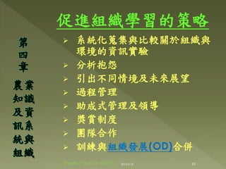 促進組織學習的策略
 系統化蒐集與比較關於組織與
環境的資訊實驗
 分析抱怨
 引出不同情境及未來展望
 過程管理
 助成式管理及領導
 獎賞制度
 團隊合作
 訓練與組織發展(OD)合併
第
四
章
農業
知識
及資
訊系
統與
組織
83Joseph & Son Inc @2013 2013/6/18
 