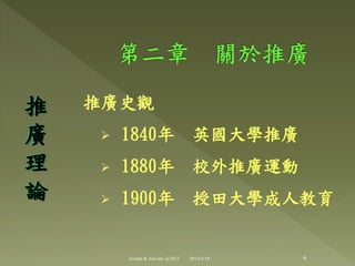 推廣史觀
 1840年 英國大學推廣
 1880年 校外推廣運動
 1900年 授田大學成人教育
推
廣
理
論
9Joseph & Son Inc @2013 2013/6/18
 