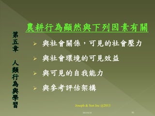 農耕行為顯然與下列因素有關
 與社會關係，可見的社會壓力
 與社會環境的可見效益
 與可見的自我能力
 與參考評估架構
第
五
章
人
類
行
為
與
學
習
91
Joseph & Son Inc @2013
2013/6/18
 