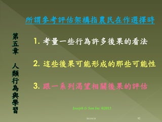 所謂參考評估架構指農民在作選擇時
1. 考量一些行為許多後果的看法
2. 這些後果可能形成的那些可能性
3. 跟一系列渴望相關後果的評估
第
五
章
人
類
行
為
與
學
習
92
Joseph & Son Inc @2013
2013/6/18
 
