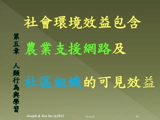 社會環境效益包含
農業支援網路及
社區組織的可見效益
第
五
章
人
類
行
為
與
學
習
94Joseph & Son Inc @2013 2013/6/18
 