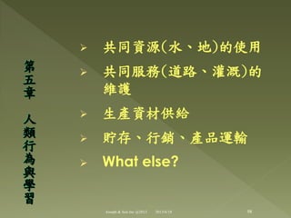  共同資源(水、地)的使用
 共同服務(道路、灌溉)的
維護
 生產資材供給
 貯存、行銷、產品運輸
 What else?
第
五
章
人
類
行
為
與
學
習
98Joseph & Son Inc @2013 2013/6/18
 