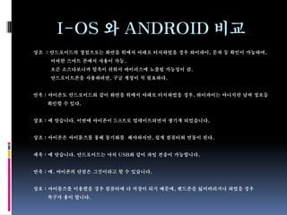 I-OS 와 ANDROID 비교
상조 : 안드로이드의 장점으로는 화면을 위에서 아래로 터치하였을 경우 와이파이, 문자 등 확인이 가능하며,
    어떠한 스마트 폰에서 사용이 가능.
    오픈 소스다보니까 탈옥이 쉬워서 바이러스에 노출될 가능성이 큼.
    안드로이트폰을 사용하려면, 구글 계정이 꼭 필요하다.


연욱 : 아이폰도 안드로이드와 같이 화면을 위에서 아래로 터치하였을 경우, 와이파이는 아니지만 날씨 정보등
   확인할 수 있다.


상호 : 예 맞습니다. 이번에 아이폰이 5.0으로 업데이트되면서 생기게 되었습니다.


상조 : 아이폰은 아이튠즈를 통해 동기화를 해야하지만, 쉽게 컴퓨터와 연동이 된다.


세욱 : 예 맞습니다. 안드로이드는 마치 USB와 같이 파일 전송이 가능합니다.


연욱 : 예. 아이폰의 단점은 그것이라고 할 수 있습니다.


상호 : 아이튠즈를 이용했을 경우 컴퓨터에 다 저장이 되기 때문에, 핸드폰을 잃어버리거나 하였을 경우
   복구가 용이 합니다.
 