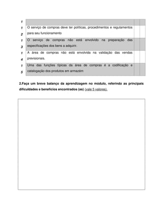 1
1
2
O serviço de compras deve ter políticas, procedimentos e regulamentos
para seu funcionamento
1
3
O serviço de compras não está envolvido na preparação das
especificações dos bens a adquirir.
1
4
A área de compras não está envolvida na validação das vendas
previsionais.
1
5
Uma das funções típicas da área de compras é a codificação e
catalogação dos produtos em armazém
2.Faça um breve balanço da aprendizagem no módulo, referindo as principais
dificuldades e benefícios encontrados (as) (vale 5 valores).
 