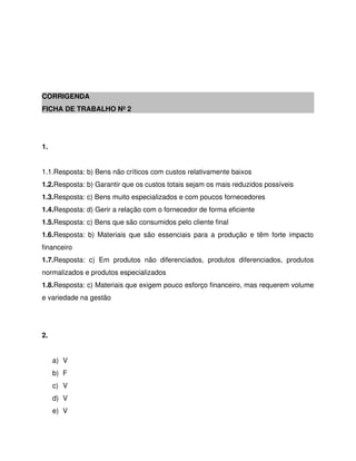 CORRIGENDA
FICHA DE TRABALHO Nº 2
1.
1.1.Resposta: b) Bens não críticos com custos relativamente baixos
1.2.Resposta: b) Garantir que os custos totais sejam os mais reduzidos possíveis
1.3.Resposta: c) Bens muito especializados e com poucos fornecedores
1.4.Resposta: d) Gerir a relação com o fornecedor de forma eficiente
1.5.Resposta: c) Bens que são consumidos pelo cliente final
1.6.Resposta: b) Materiais que são essenciais para a produção e têm forte impacto
financeiro
1.7.Resposta: c) Em produtos não diferenciados, produtos diferenciados, produtos
normalizados e produtos especializados
1.8.Resposta: c) Materiais que exigem pouco esforço financeiro, mas requerem volume
e variedade na gestão
2.
a) V
b) F
c) V
d) V
e) V
 